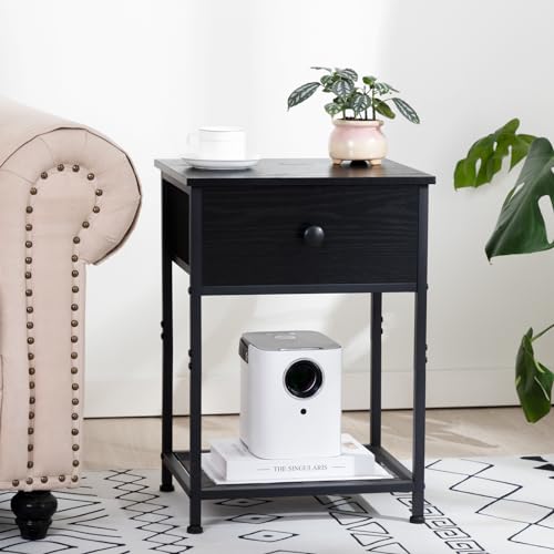 AMHANCIBLE Night Stand Set 2, Black Nightstand with Fabric Drawer, Industrial End Tables Living Room with Storage Shelf, Slim Bedside Table for Bedroom, Small Spaces, HET03SDBK