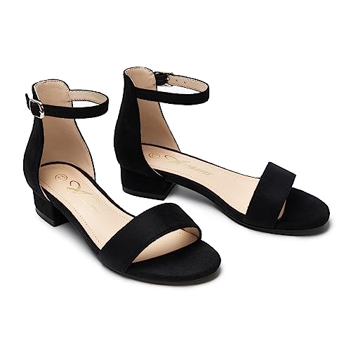 Athlefit Girls Sandals Open Toe Ankle Strap Low Heels Flower Girl Dress Shoes For Toddler Little Big Kid Black/Pu Size 10