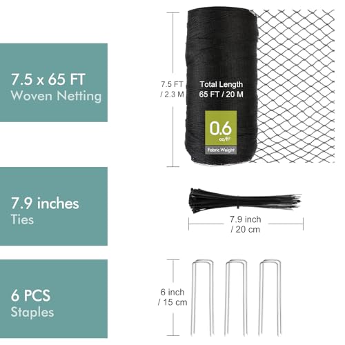 Bird Netting for Garden, Fetanten 7.5 x 65 FT Heavy Duty Garden Netting Mesh Pest Barrier with Ties and Staples for Vegetable, Fruit Trees, Blueberry Protection Against Birds, Deer, Poultry