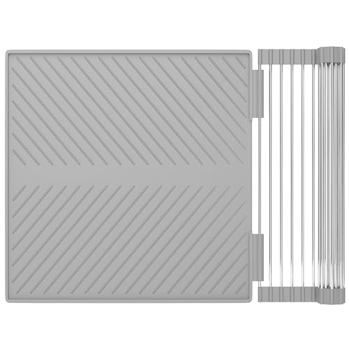HIGHERHUMAN Silicone Dish Drying Mat and Dish Drain Rack System All in One Counter and Sink Rack (Medium Grey)
