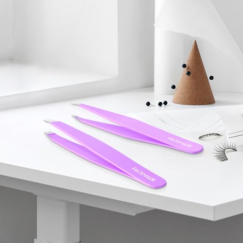 FACEMADE 2 Pack Tweezers Set - Professional Stainless Steel Tweezers for Men and Women, Precision Eyebrow Tweezers for Facial Hair, Chin, and Ingrown Hair Removal (Black)