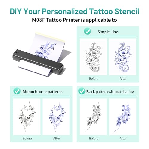 Ponek Tattoo Stencil Printer, M08F Tattoo Printer Bluetooth for Phone & PC, Stencil Printer for Tattooing, Tattoo Thermal Printer, Wireless Tattoo Machine Kit with 10pcs A4 Transfer Paper