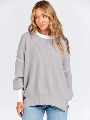 ANRABESS Womens Oversized Sweaters Fall 2025 Fashion Crewneck Batwing Long Sleeve Side Slit Knit Pullover Sweater Tops Wave Brown-M