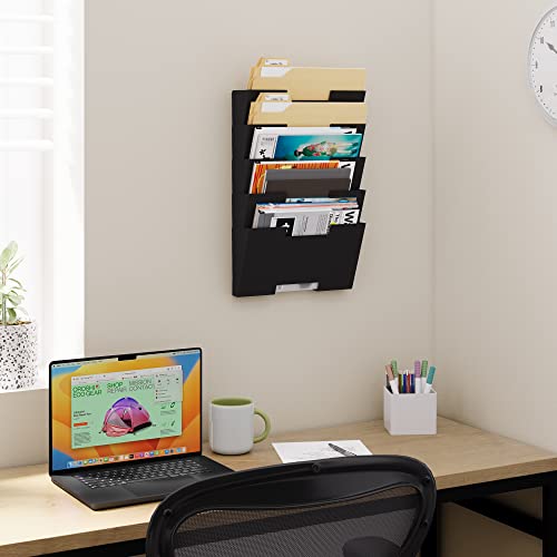 Wallniture Lisbon Wall Mounted File Holder Organizer, 5-Tier Metal Office Organization and Storage Rack, Wall Mount File Holder, Magazine Holder and Office Decor, Black