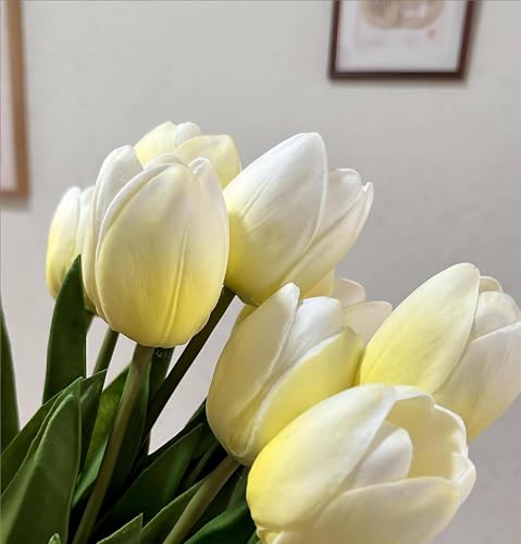 Mythlty Set of 12 Pale Yellow Tulips Artificial Flowers Real Touch Realistic Long Stems Tulips Flowers 20 Inches That Look Real for Indoor Home Office Wedding Bridal Shower Decor (Light Yellow)