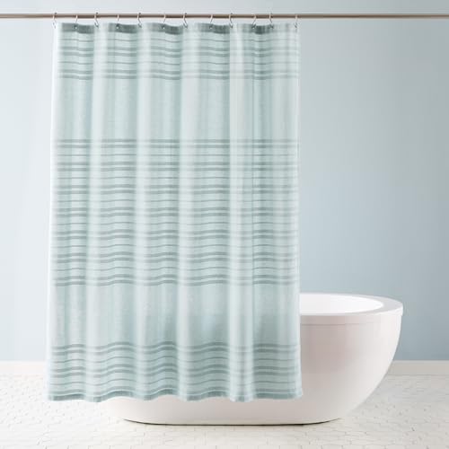 TOWN & COUNTRY EVERYDAY Sophia Textured Solid Cotton-Rich Breathable Fabric Shower Curtain with Reinforced Buttonhole Top Hem, Aqua Blue, 70"x72"