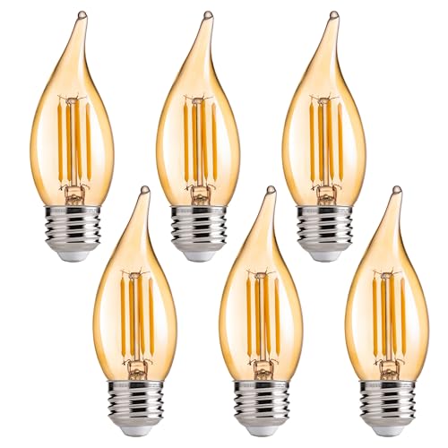 FLSNT CA11 E26 LED Candelabra Bulbs, Dimmable LED Chandelier Light Bulbs, 40W Equivalent, 2200K Warm White Light, 330LM, Amber Glass Finishing, 6 Pack