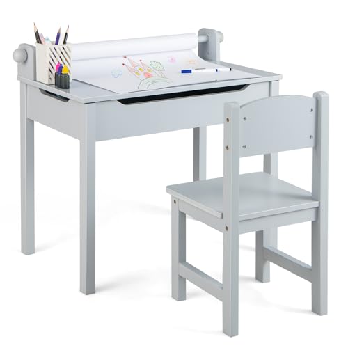 Costzon Kids Table and Chair Set, Flip Top Kids Art Craft Table w/Chair for Playroom Kindergarten, Toddler Drawing Writing Desk Set w/Paper Roll & 2 Markers, Gift for Boys Girls Ages 3+ (Gray)