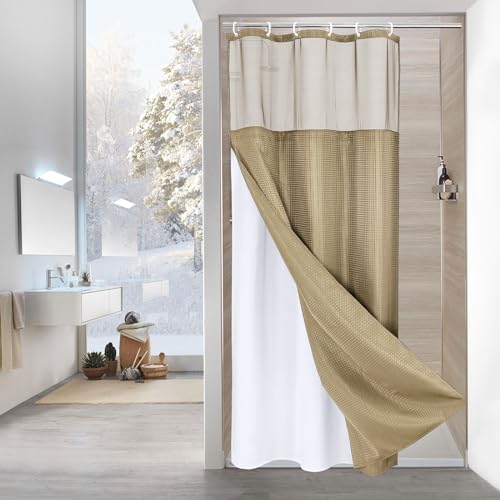 MitoVilla Ivory Long Shower Curtain 72 x 78, 78 inches Long Cloth Mesh Top Window Shower Curtains for Hotel Spa Bathroom Decor, Beige Waffle Fabric Shower Curtain Set with Snap-in Liner