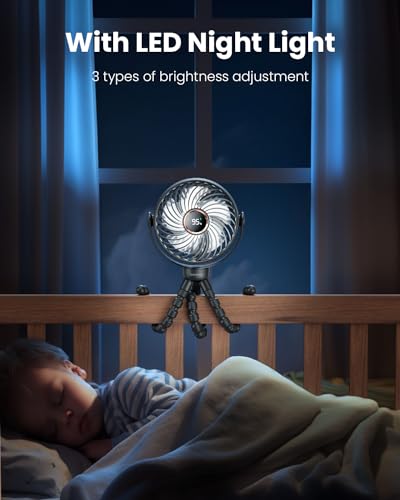 SHEWIND Stroller Fan, LED Light Portable Fan, 3600mAh Battery Operated Small Clip on Fan, 4 Speed Rechargeable Mini Personal Fan Cooling Travel Fan For Car Seat Crib Treadmill (Black)