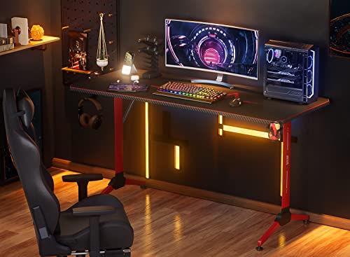 Furmax Gaming Desk T-Shaped Pc Computer Table with Carbon Fiber Surface Free Mouse Pad Home Office Desk Gamer Table Pro with Game Handle Rack Headphone Hook and Cup Holder (Black, 55 Inch)