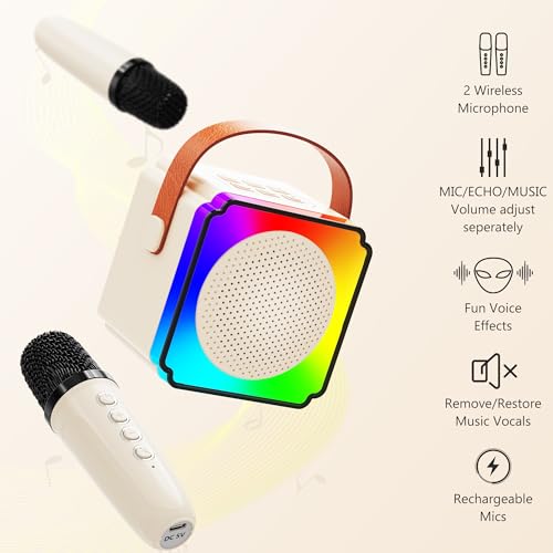 JYNSROU Mini Karaoke Machine with 2 Wireless Microphones, Portable Karaoke Machine with Bluetooth Speaker, Kids Karaoke Machine Toys Gifts for Girls 4,5,6,7,8,9,10 +Year Old Christmas Birthday (Beige)