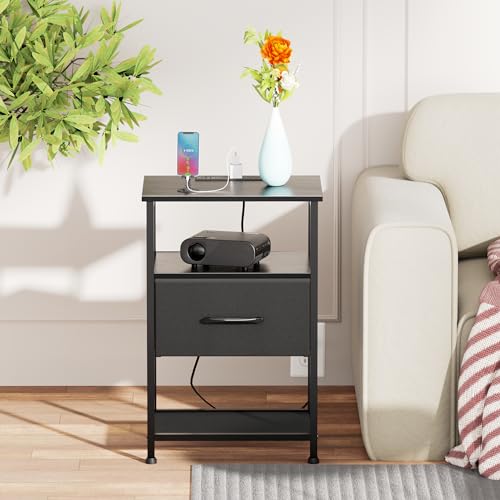 LAKEMID Nightstands Set of 2 with Charging Station and Drawer, End Table Bedside Table with 20 Colors LED Light Strip and 2 Layers Shelf for Bedroom Living Room Sofa Couch (Black)