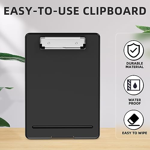 Clipboard with Storage, Plastic Storage Nursing Slim Clipboard with Low Profile Clip, Foldable Letter Size for Nurse, Kid, Salary, Coach, Jobsite, Industrial, Office(9" x 13"x 0.8", Black)