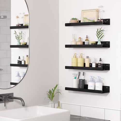 upsimples 2 Pack Acrylic Shelves for Wall Storage, 15" Floating Bookshelves for Kids, Display Shelf Organizer for Bathroom, Bedroom, Living Room, Kitchen, Room Decor, Black