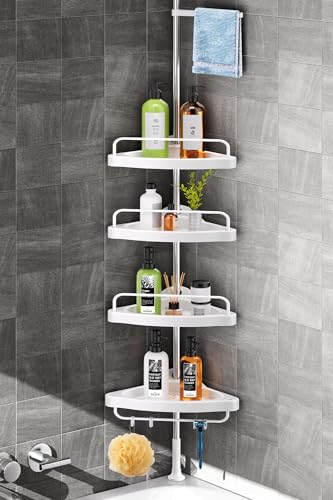 Corner Shower Caddy Tension Pole: Adjustable Stainless Steel Shower Organizer with 4 Tier Shelf for Bathroom Bathtub Tub Shampoo - Floor Standing Rack Bath Storage Holder with Rust Proof Rods