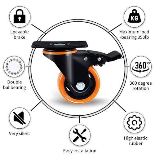 SOCHER 5 Inch Plate Caster Wheels, Heavy Duty 5” Casters Set of 4 with Brake,No Noise Polyurethane Wheels and Safety Dual Locking casters, Swivel Plate Castors (Two Hardware Kits)(5 inch)