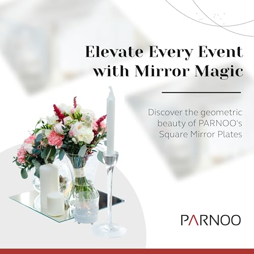 10 Inch Square Mirror Plate, Set of 12 - 1.5mm Thick Glass Plate Mirror Tiles w/ Smooth Edges - Perfect Candle Wedding Centerpiece Table Decorations, Home Accent Wall Decor, & More - PARNOO