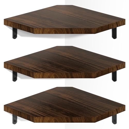 Alsonerbay Corner Shelf Wall Mount, Set of 3 Floating Corner Shelves with Cord Hole, Rustic Wood Shelves for TV, Speaker, Cable Box, Game Console for Bedroom, Kitchen, Living Room Carbonized Black