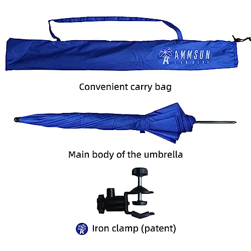 AMMSUN XL Chair Umbrella with Universal Clamp 52 inches and 360-degree Swivel UPF 50+, Portable Clamp on Camping or Beach Chair, Stroller, Wheelchair, Golf cart, Blue, Large-sized