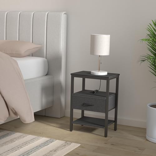 SUPERJARE Nightstand Set of 2, Bed Side Tables with Charging Station, Adjustable Fabric Drawer, Night Stand for Bedroom, 3-Tier Storage End Tables, for Living Room, Rustic Brown