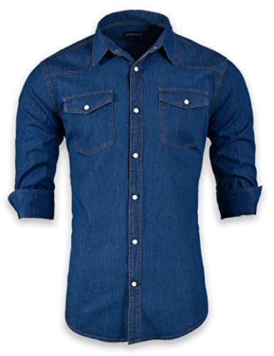 SEVEN EAGLE Men's Long Sleeve Double Pocket Snap Demin Shirt (Small, Blue)