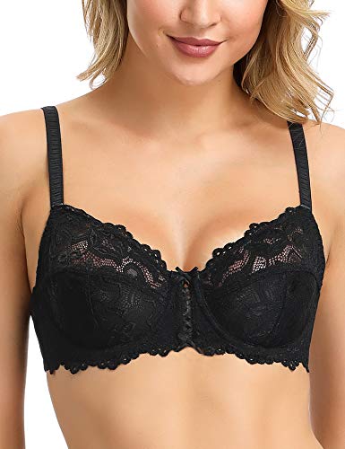 Wingslove Women's Sexy Lace Bra Non Padded Underwire Unlined Bra Full Coverage Plus Size Lace Bralette (Black, 36B)