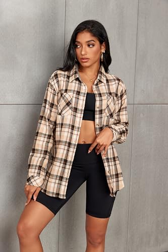 Deer Lady Plaid Flannel Shirts for Women Buffalo Plaid Shirts Oversized Long Sleeve Casual Button Down Blouse Top Brown M 0621