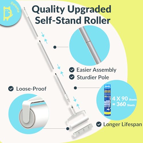 Large Lint Roller - 9.45 in Giant Lint Roller Refill 360 Sheets Total, 45 in Telescopic Pole to Clean without Bending Down, Sticky Rollers for Floor Cleaning Carpets, Cars, Clothing, Pet Hair