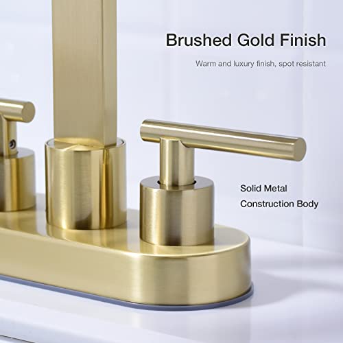 DIKUROOMS 4 Inch Centerset Bathroom Sink Faucet 2 Handle Vanity Basin Faucets with Overflow Pop-up Drain Assembly and cUPC Water Supply Lines, 360 Degree Swivel Square Spout, Brushed Gold