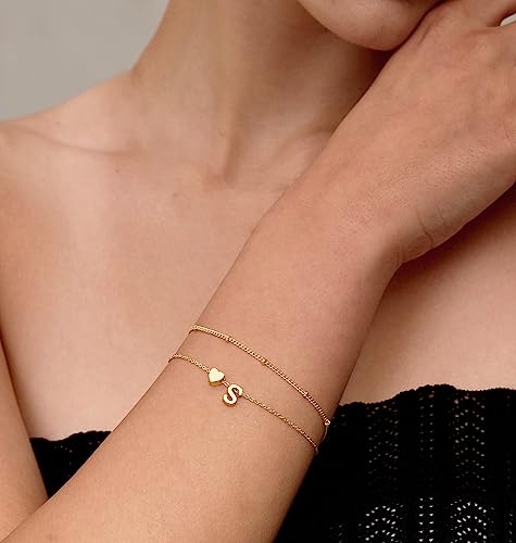 DEARMAY Dainty Initial Heart Gold Bracelets for Women Trendy, 14K Real Gold Letter Charm Bracelet Jewelry Cute Simple Fashion Chain Bracelets for Women Gift L