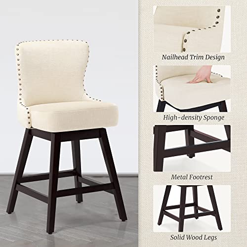 Cozyman Counter Height Bar Stools, 30" H Swivel Bar Stool with Back, Linen Fabric Counter Stool, Solid Wood Legs, Retro Upholstered Barstools for Kitchen Island, Home Bar, Pub, Beige