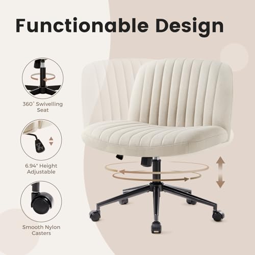 IWMH Armless Wide Seat Office Chair, Criss Cross Legged Desk Chair with Wheels, Height Adjustable Computer Task Chair,Wide Seat Swivel Vanity Chair for Home,Office,Bedroom, Make Up, Small Space,Beige