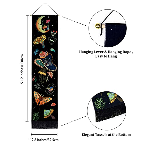 Racunbula Mushroom Tapestry Blacklight Sun Moon Tapestry Vertical Floral Butterfly Tapestry Galaxy Stars Tapestry Hippie Abstract Tapestry Wall Hanging for Bedroom (Moon)