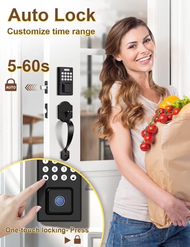 Keyless Entry Door Lock with 2 Handles, Tinewa Electronic Keypad Deadbolt, Auto-Locking, Anti-Peeping Password, Digital Smart Code Door Lock, Front Door Handle Sets, Matte Black