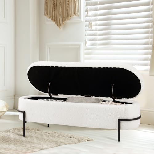 Beige Storage Ottoman Bench with Metal Stand, Upholstered Sherpa Stool with Large Storage Space, Modern Storage Bench for Living Room/Bedroom/End of Bed/Entryway/Bed Side, 52''L