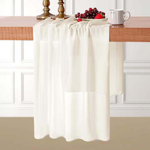 BESBESME Beige Chiffon Table Runner,Large White Table Runner 10ft Romantic Sheer Table Runner for Wedding Party Bridal Shower Outdoor Decor 28x120 Inch Cream
