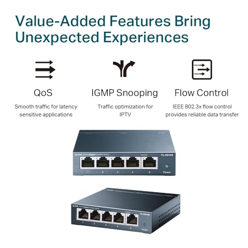 TP-Link TL-SG105, 5 Port Gigabit Unmanaged Ethernet Switch, Network Hub, Ethernet Splitter, Plug & Play, Fanless Metal Design, Shielded Ports, Traffic Optimization