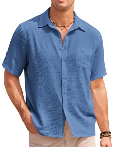 COOFANDY Mens Summer Shirts Casual Stylish Loose Fit Holiday Beach Wedding Attire Blue
