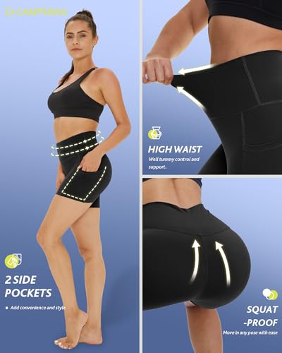 CAMPSNAIL 4 Pack Biker Shorts Women with Pockets – 5"/8" High Waist Tummy Control Workout Gym Yoga Running Compression Shorts