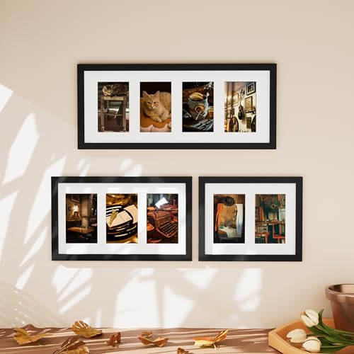 Vittanly 8x10 Collage Picture Frame, Displays 2Pcs 4x6 Pictures with Mat or 1Pcs 8x10 without Mat, Photo Frame for Wall Mounting or Table Top with Stand, Black, 1 Pack