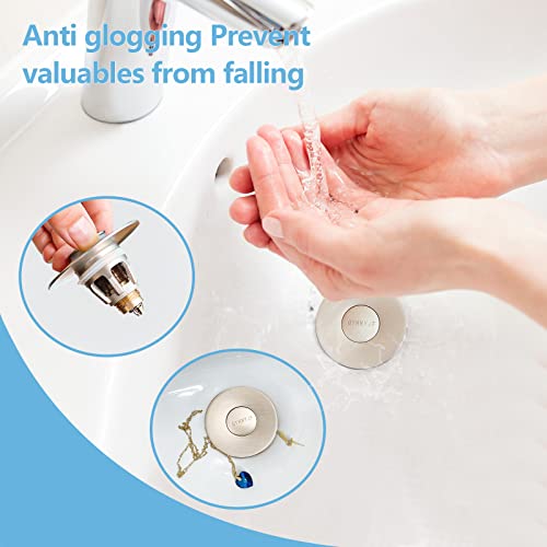 Bathroom Sink Stoppers Brushed Nickel,Pop Up Drain Stopper for Bathroom Sink,2-in-1 Sink Stopper & Strainer,Universal Wash Basin Sink Stopper,for 1.1"~1.5" Bathroom Sink Drain Pipe(Brushed Nickel)