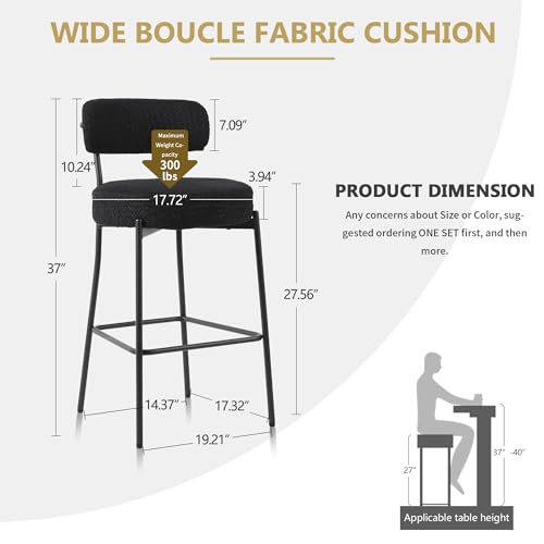 DYHOME Bar Stools Set of 2, 27 Inches Black Boucle Counter Height Bar Stools with Back, Modern Metal Barstools for Kitchen Island