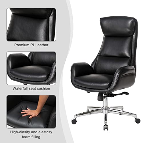 Glitzhome Mid-Century Modern Air Leatherette Adjustable Swivel High Back Office Chair, Black