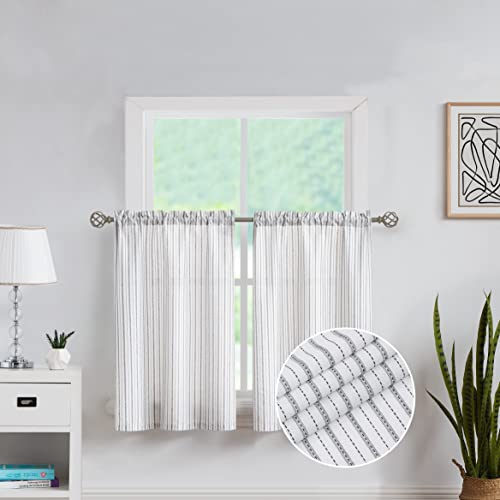 SXZJTEX Striped Cafe Kitchen Curtain Tiers Rustic Sheer Pinstripe Small Window Drapes Rod Pocket for Bathroom & Kitchen, Patio, Laudry 27 x 24, White/Black
