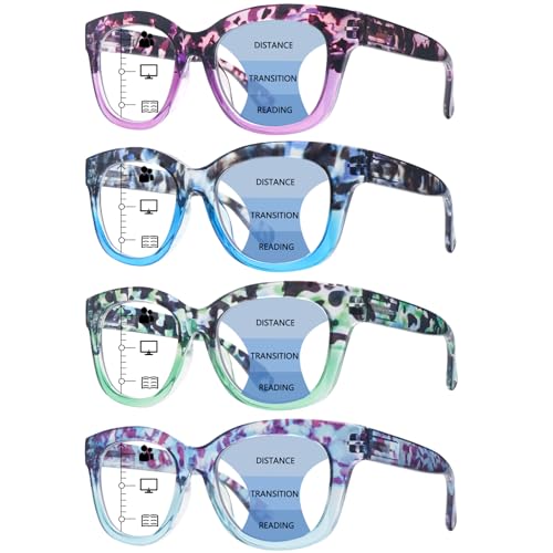 fadbon 4 Pack Progressive Multifocus Reading Glasses for Women Blue Light Blocking Multifocal Readers with Spring Hinge (Mix Color, 1.00, x)