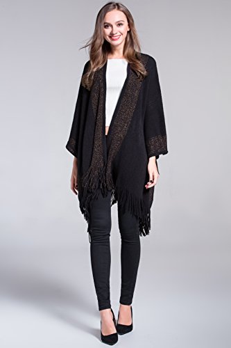 ZLYC Women's Shawl Golden Trim Knit Blanket Wrap Fringe Poncho Coat Cardigan (Space Dyed Khaki)
