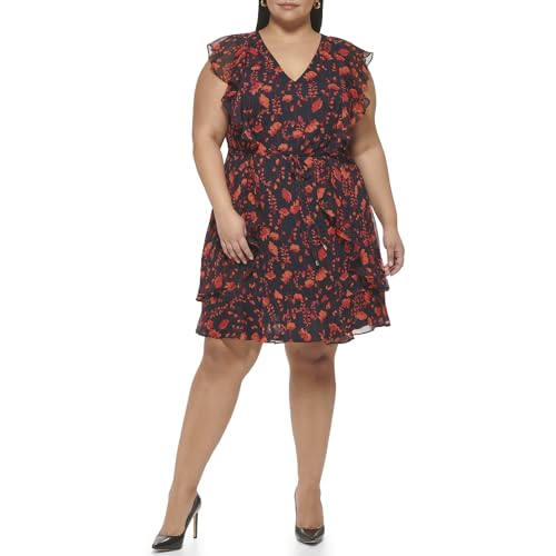 Tommy Hilfiger Fit and Flare Dress - Dress for Women - Fit-and-Flare Silhouette - Allover Ditsy Floral Print Guava/Amparo Blue 2 One Size