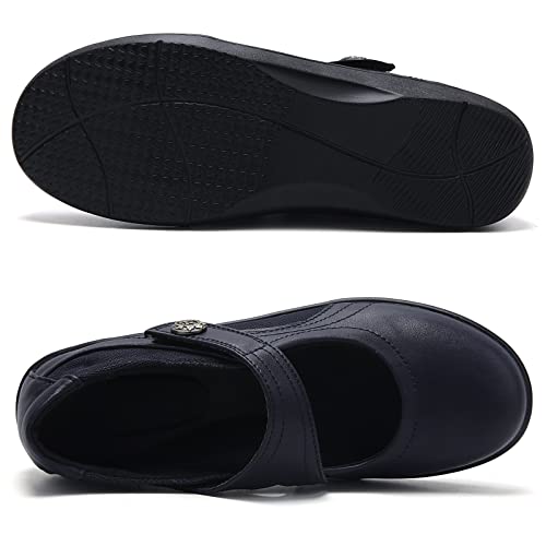 UZB MARY JANE SHOES WOMEN'S MEMORY FOAM ORTHOPEDIC OFFICE & WORK SHOES - NON SLIP CASUAL FLATS WITH HOOK AND LOOP CLOSURE, NAVY, 6 US