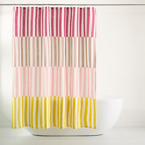 TOWN & COUNTRY PLAY Adeline Offset Stripe Cotton-Rich Breathable Fabric Shower Curtain with Anti-Rust Grommets, Pink/Beige/Yellow, 70"x72"
